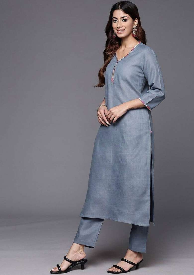 Grey Thread Work Cotton Kurta Set - Indya