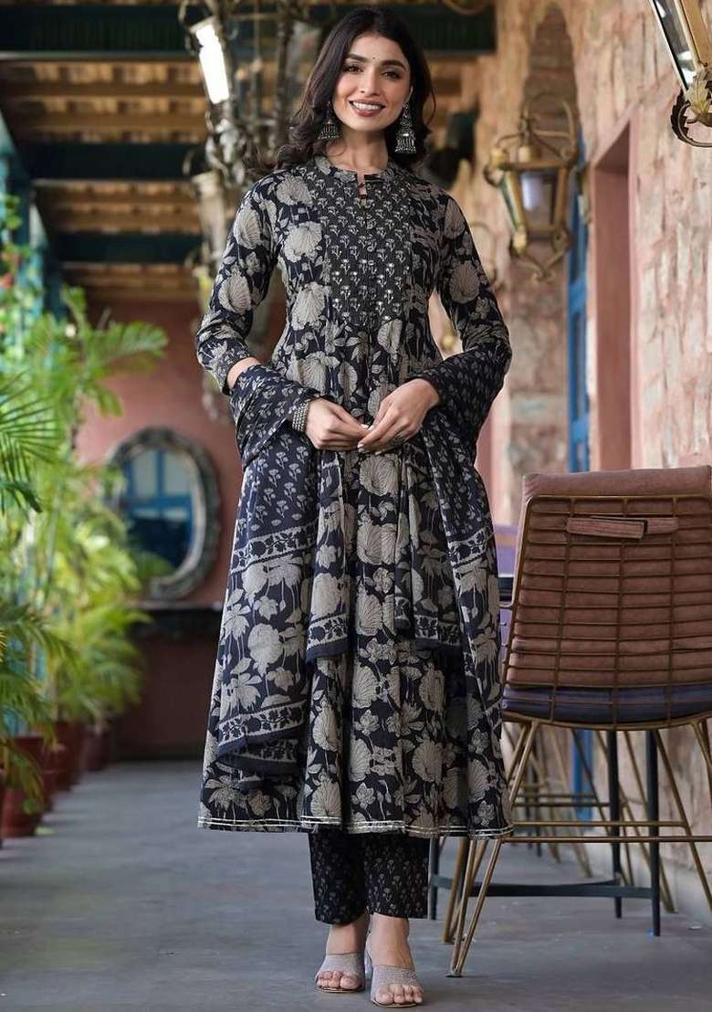 Black Printed Cotton Kurta Set - Indya