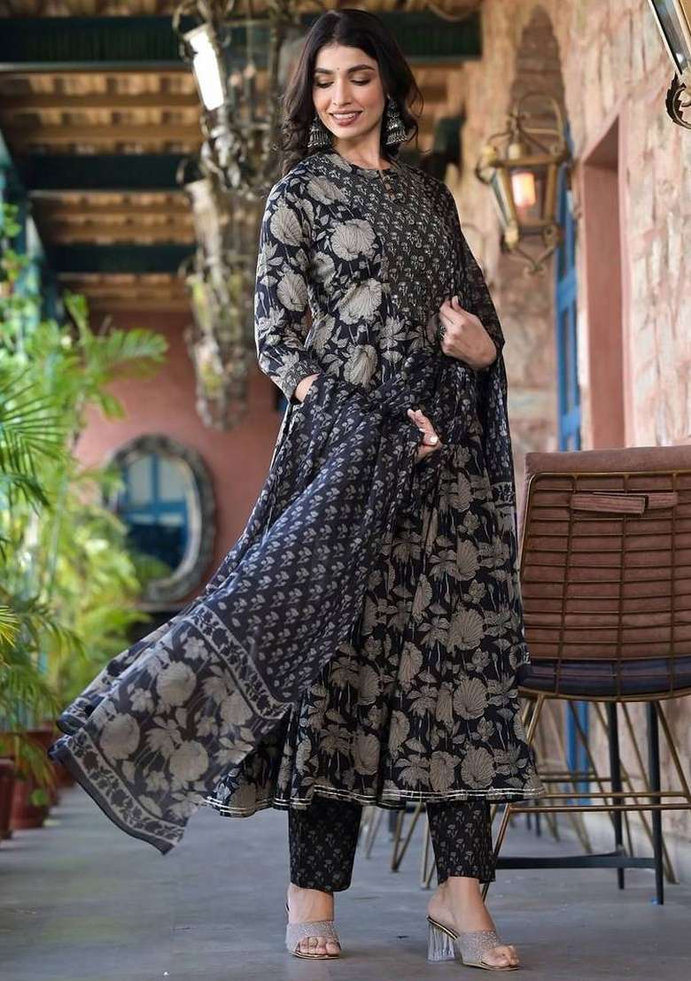 Black Printed Cotton Kurta Set - Indya