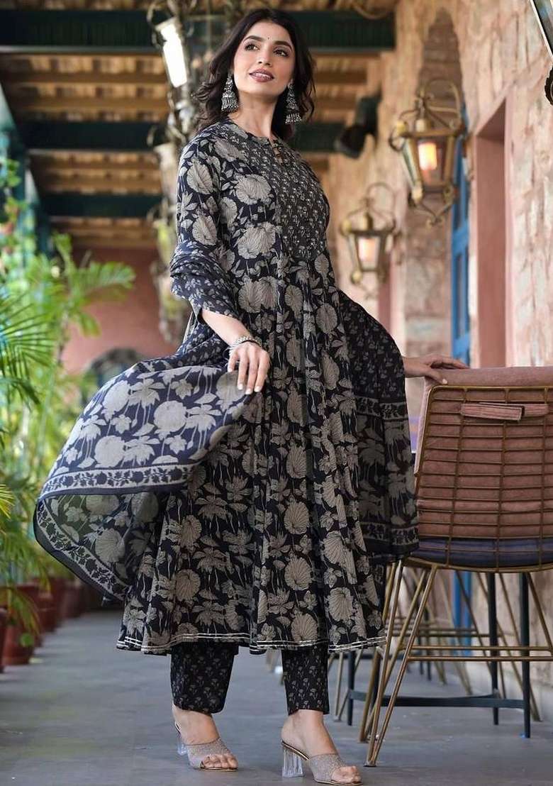 Black Printed Cotton Kurta Set - Indya