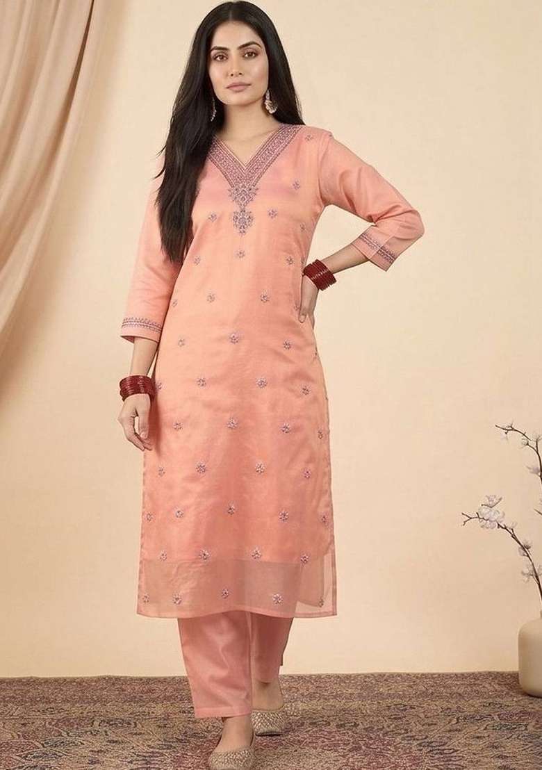 Peach Embroidery Silk Kurta Set - Indya