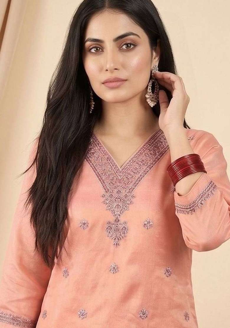 Peach Embroidery Silk Kurta Set - Indya