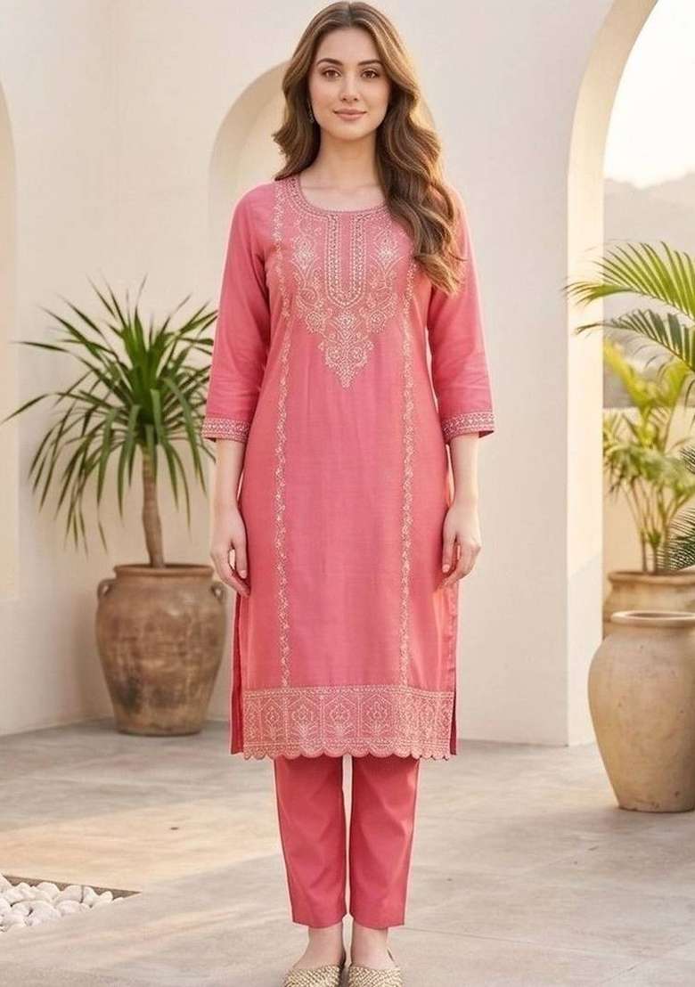 Pink Embroidery Silk Kurta Set - Indya