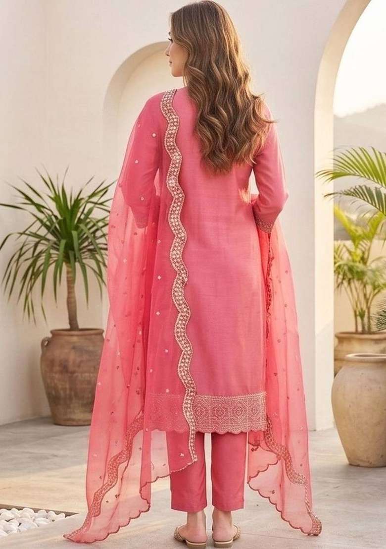 Pink Embroidery Silk Kurta Set - Indya