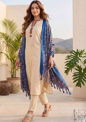 Beige Embroidery Cotton Kurta Set