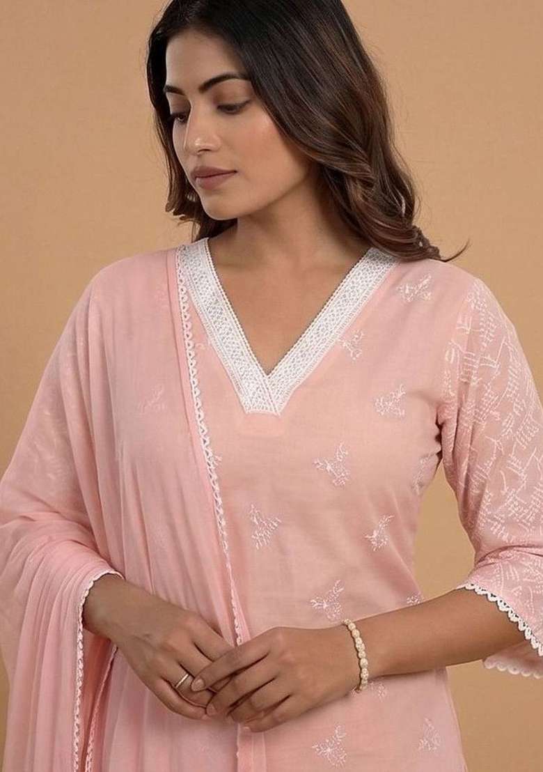 Pink Embroidery Cotton Kurta Set - Indya