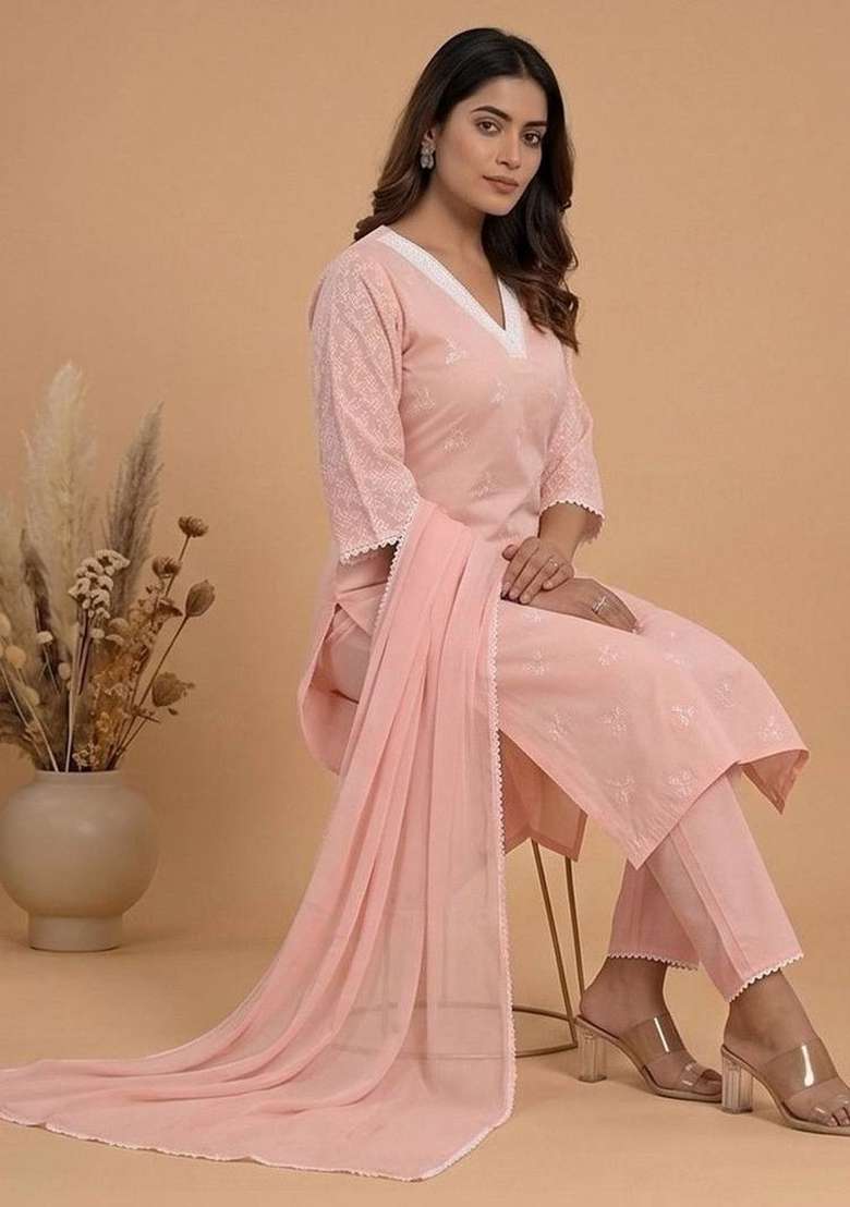 Pink Embroidery Cotton Kurta Set - Indya