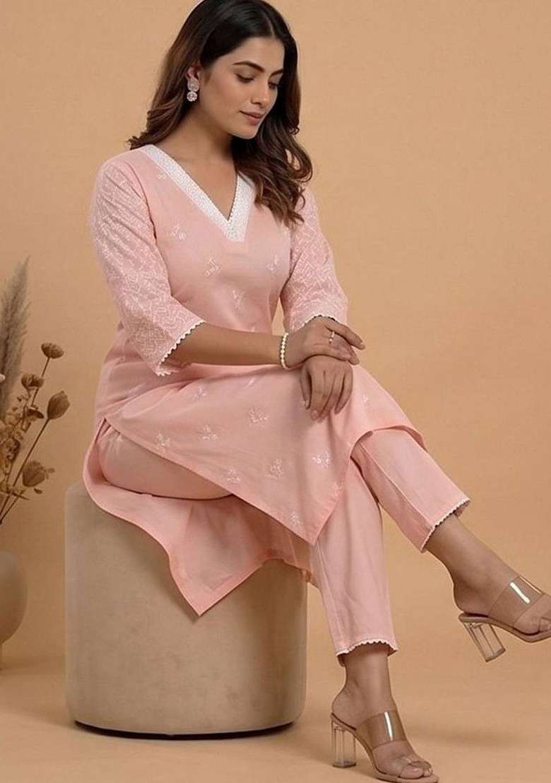 Pink Embroidery Cotton Kurta Set - Indya