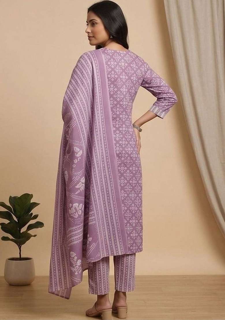 Purple Printed Cotton Kurta Set - Indya