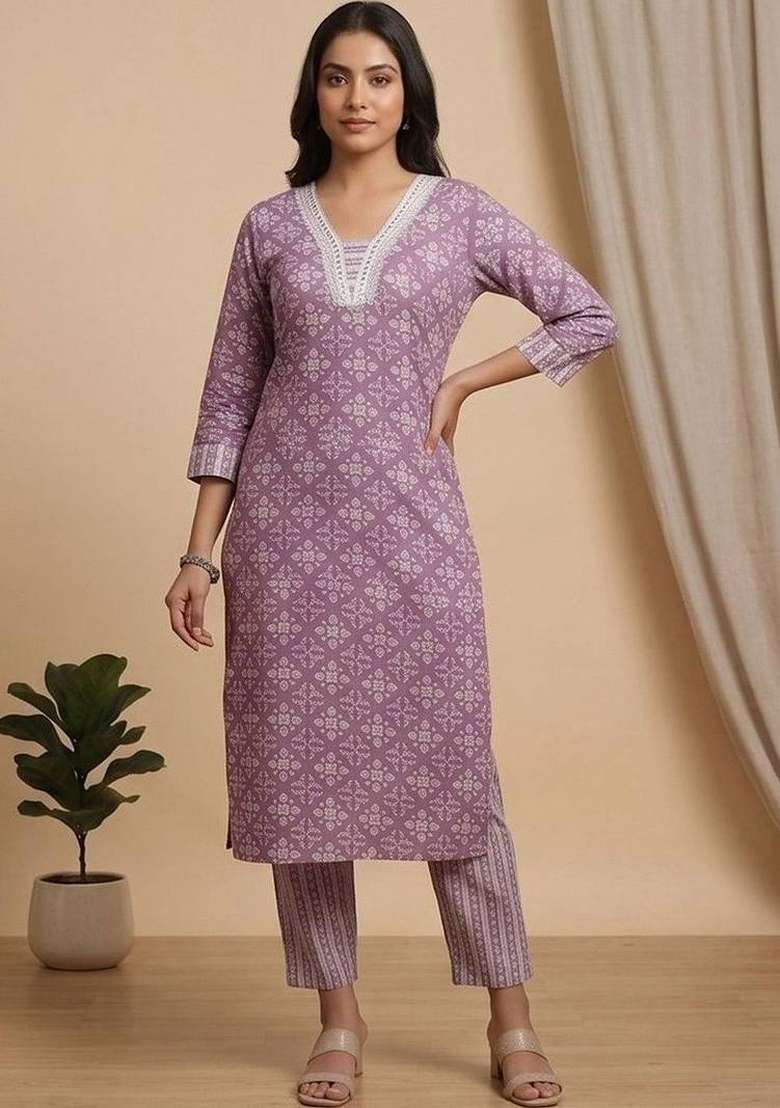Purple Printed Cotton Kurta Set - Indya