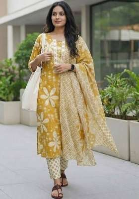 Yellow Printed Cotton Kurta Set