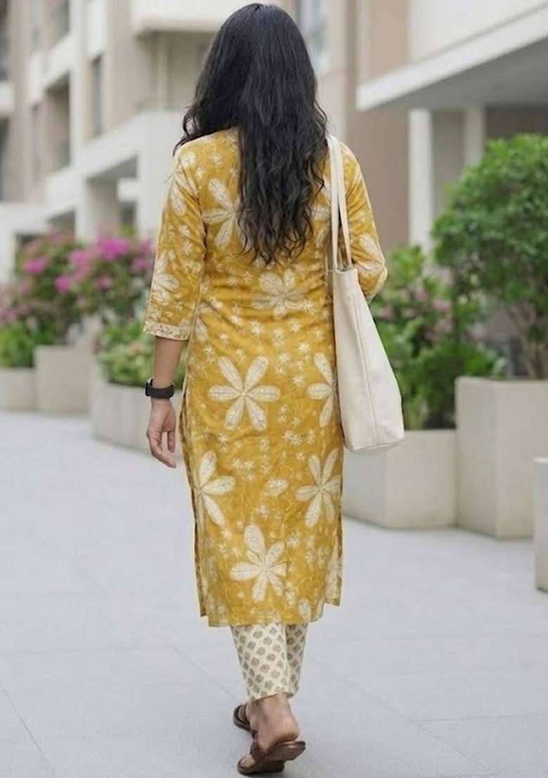 Yellow Printed Cotton Kurta Set - Indya
