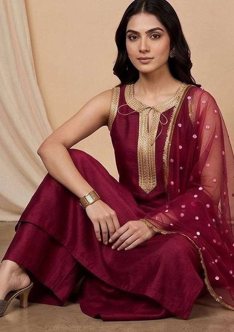 Maroon Embroidery Silk Palazzo Set - Indya