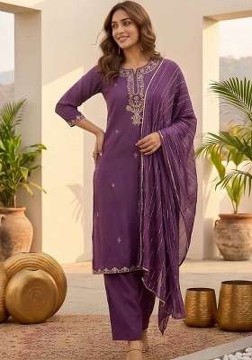 Purple Embroidery Silk Kurta Set
