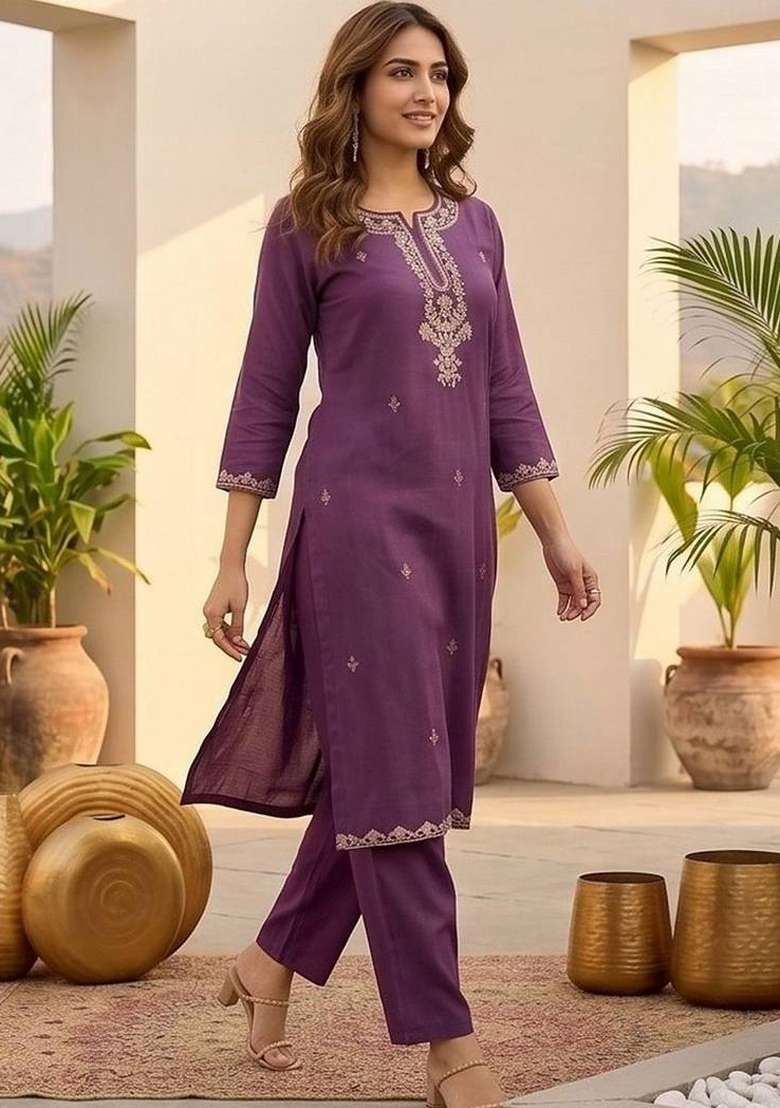 Purple Embroidery Silk Kurta Set - Indya