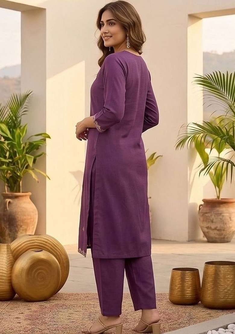 Purple Embroidery Silk Kurta Set - Indya
