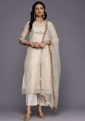Off White Embroidery Silk Kurta Set