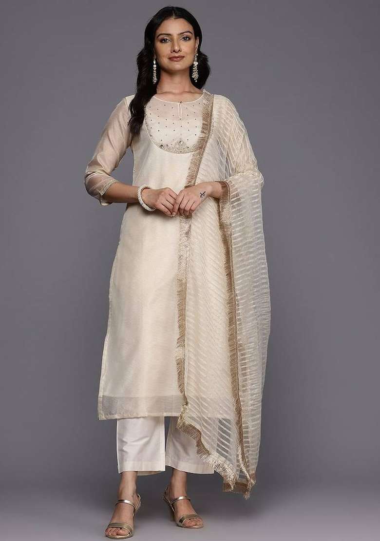 Off White Embroidery Silk Kurta Set - Indya