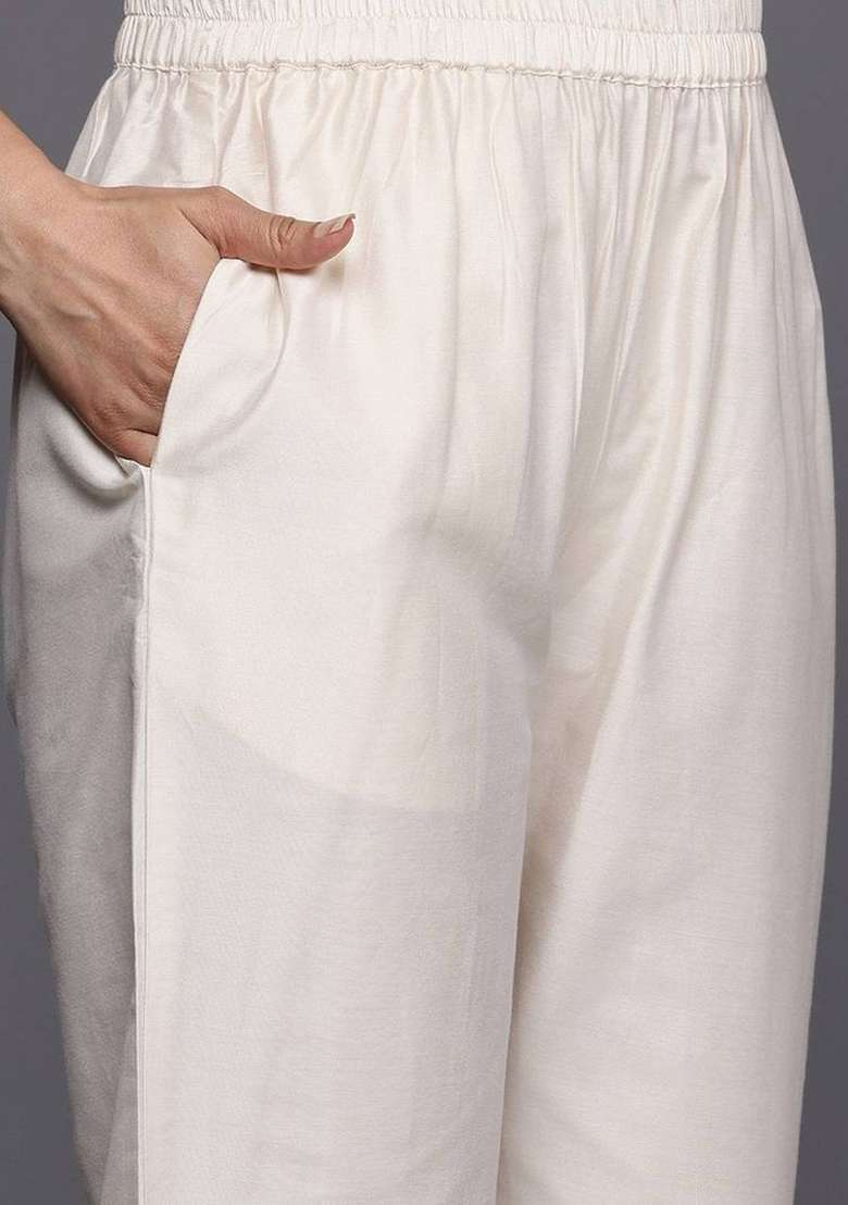 Off White Embroidery Silk Kurta Set - Indya