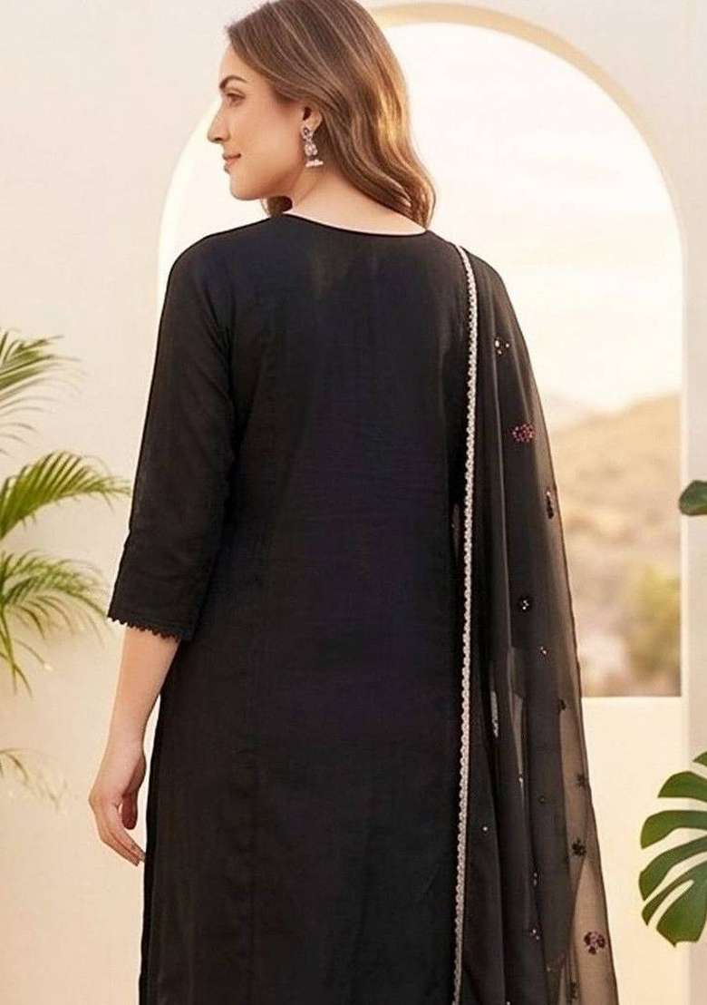 Black Embroidery Silk Kurta Set - Indya