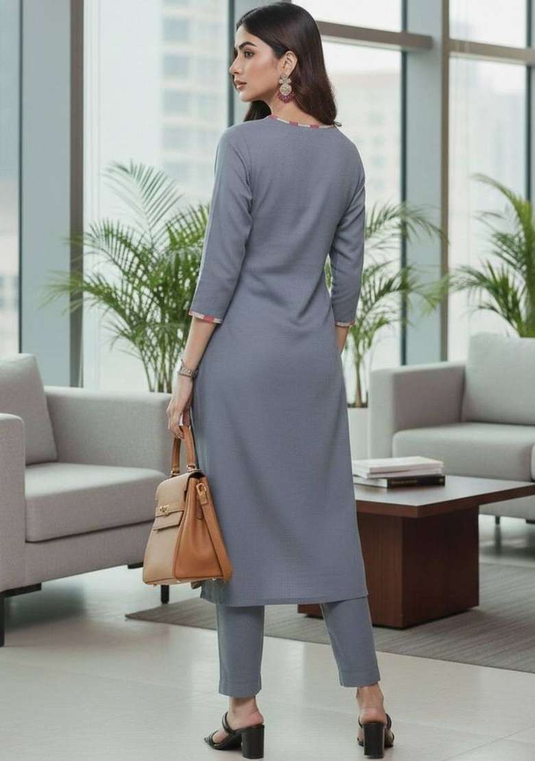 Grey Solid Cotton Kurta Set - Indya