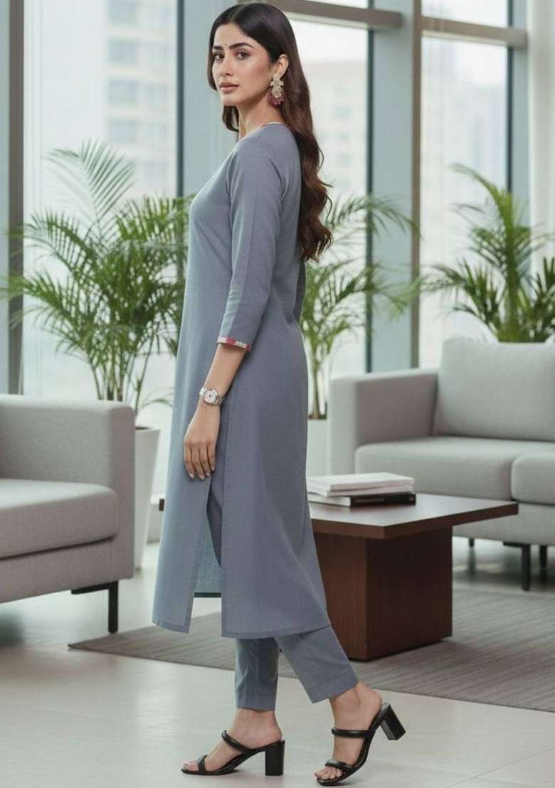 Grey Solid Cotton Kurta Set - Indya