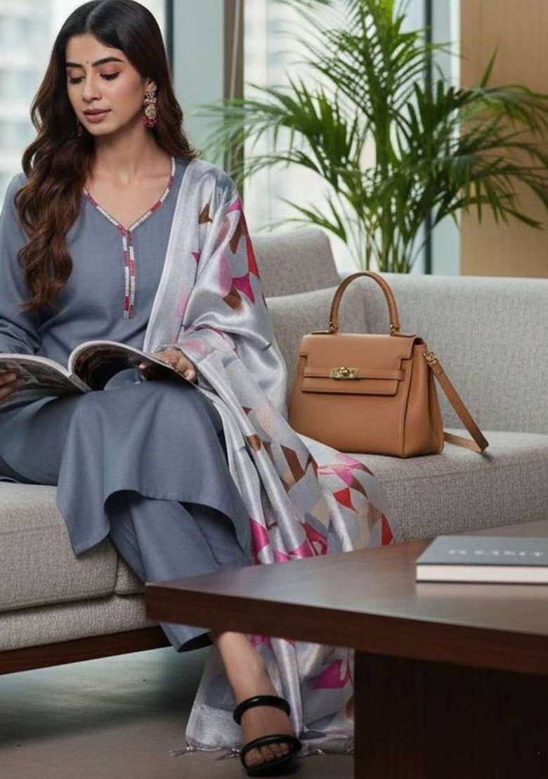 Grey Solid Cotton Kurta Set - Indya