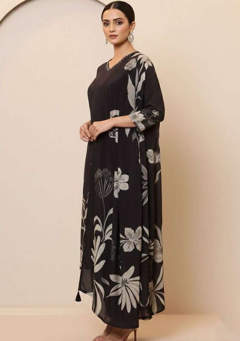Black Printed Cotton Kurta Set - Indya