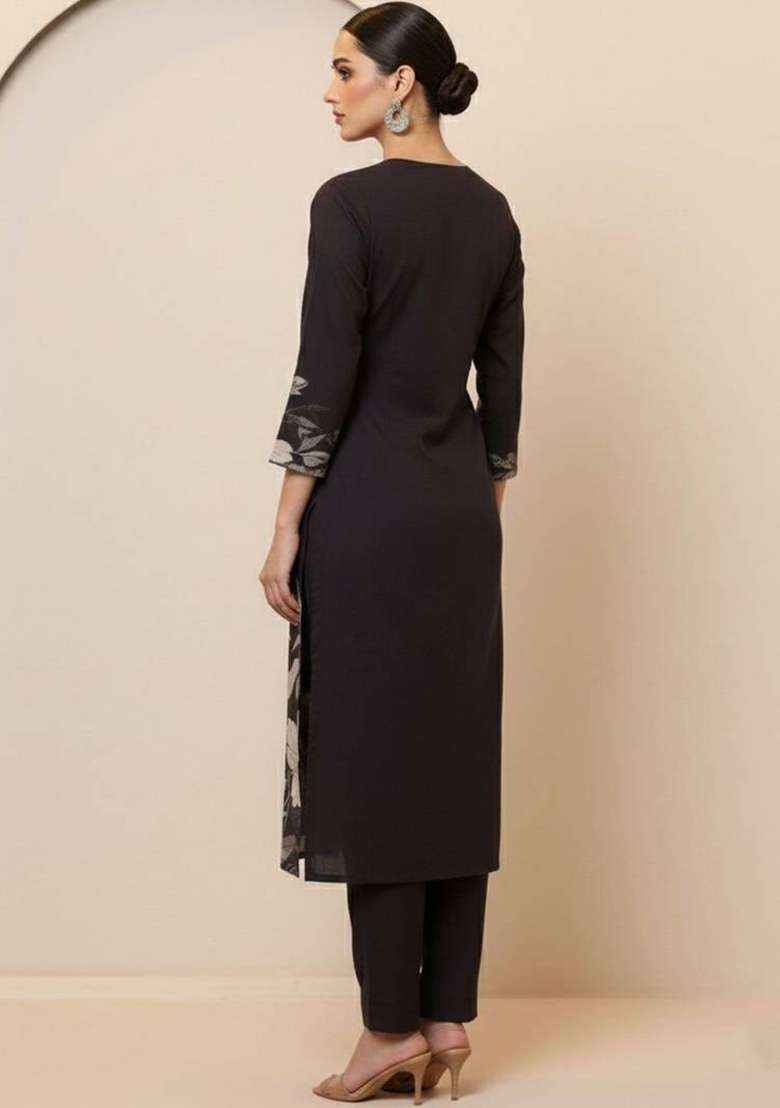 Black Printed Cotton Kurta Set - Indya