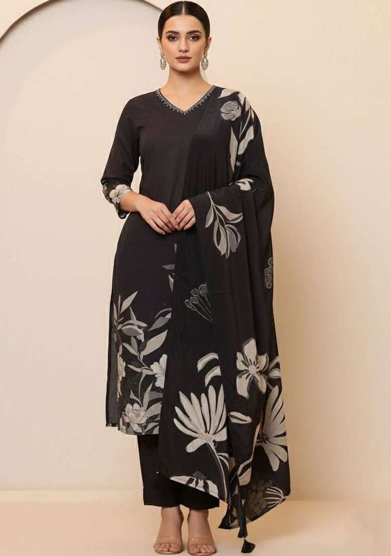 Black Printed Cotton Kurta Set - Indya
