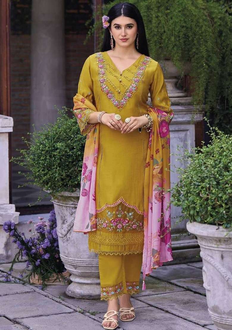 Mustard Embroidery Cotton Kurta Set - Indya