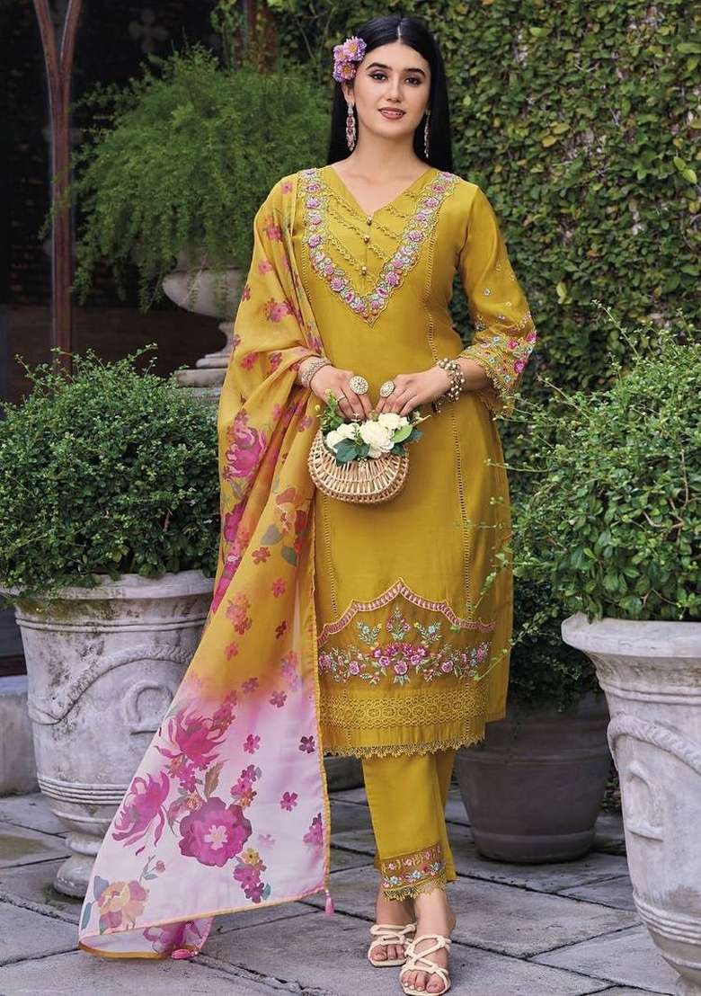 Mustard Embroidery Cotton Kurta Set - Indya