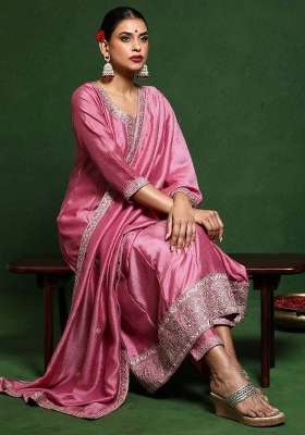 Pink Embroidery Silk Kurta Set