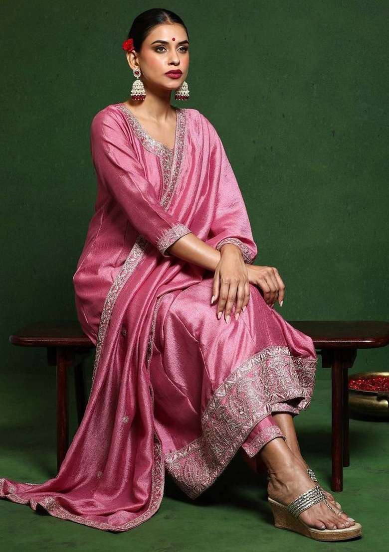 Pink Embroidery Silk Kurta Set - Indya