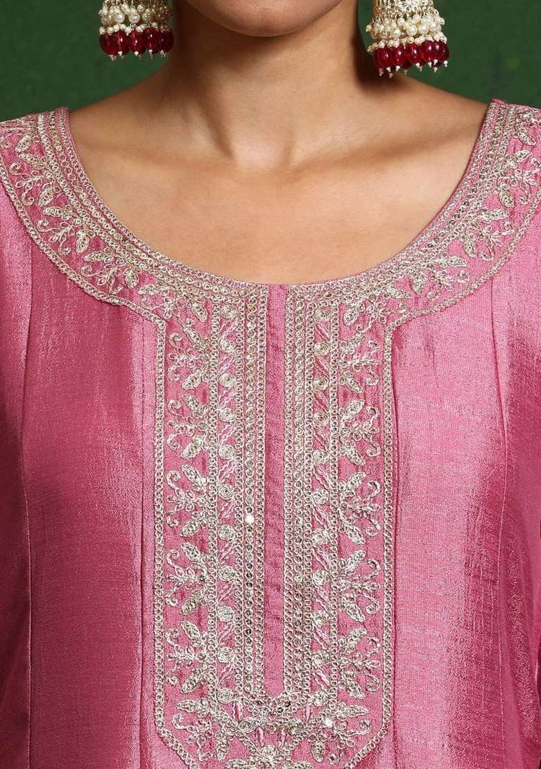 Pink Embroidery Silk Kurta Set - Indya