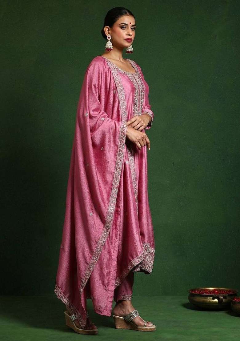 Pink Embroidery Silk Kurta Set - Indya