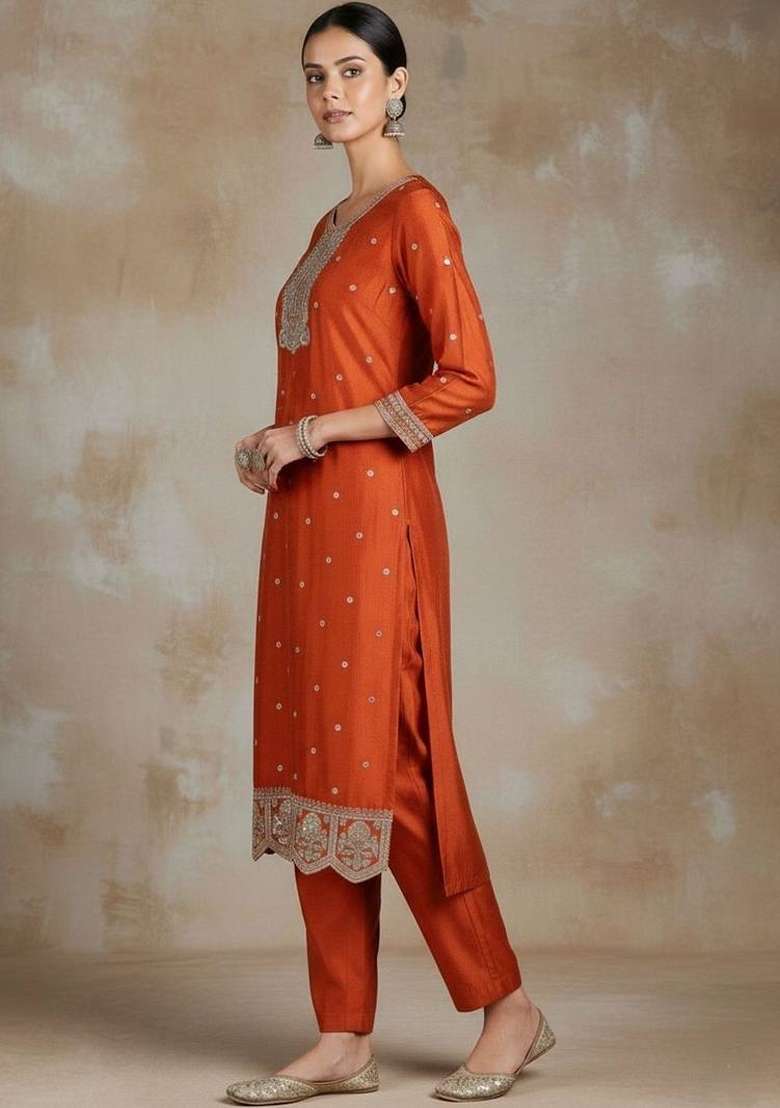 Orange Embroidery Silk Kurta Set - Indya