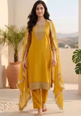 Yellow Embroidery Silk Kurta Set