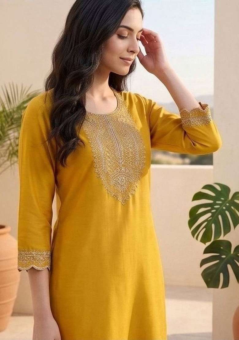 Yellow Embroidery Silk Kurta Set - Indya