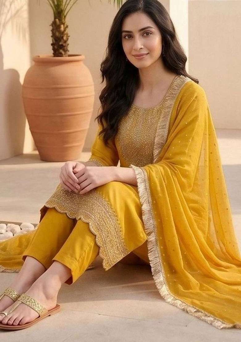 Yellow Embroidery Silk Kurta Set - Indya