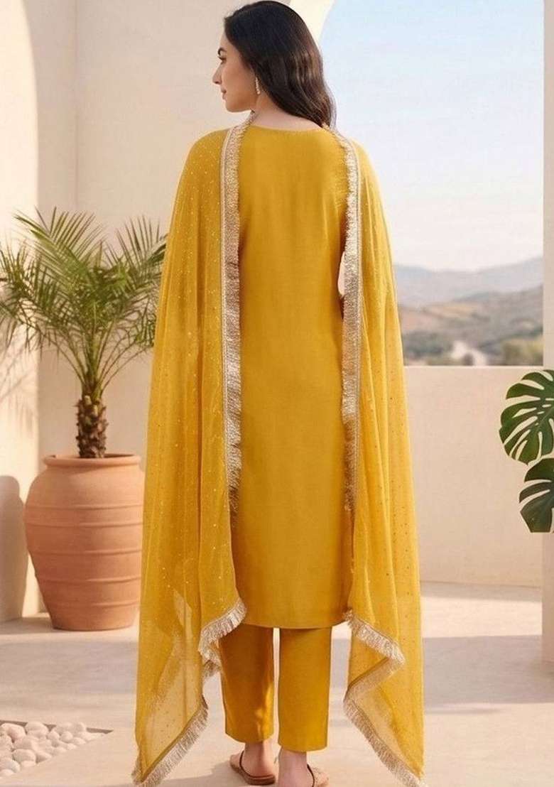 Yellow Embroidery Silk Kurta Set - Indya