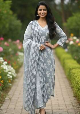 Grey Printed Cotton Kurta Set