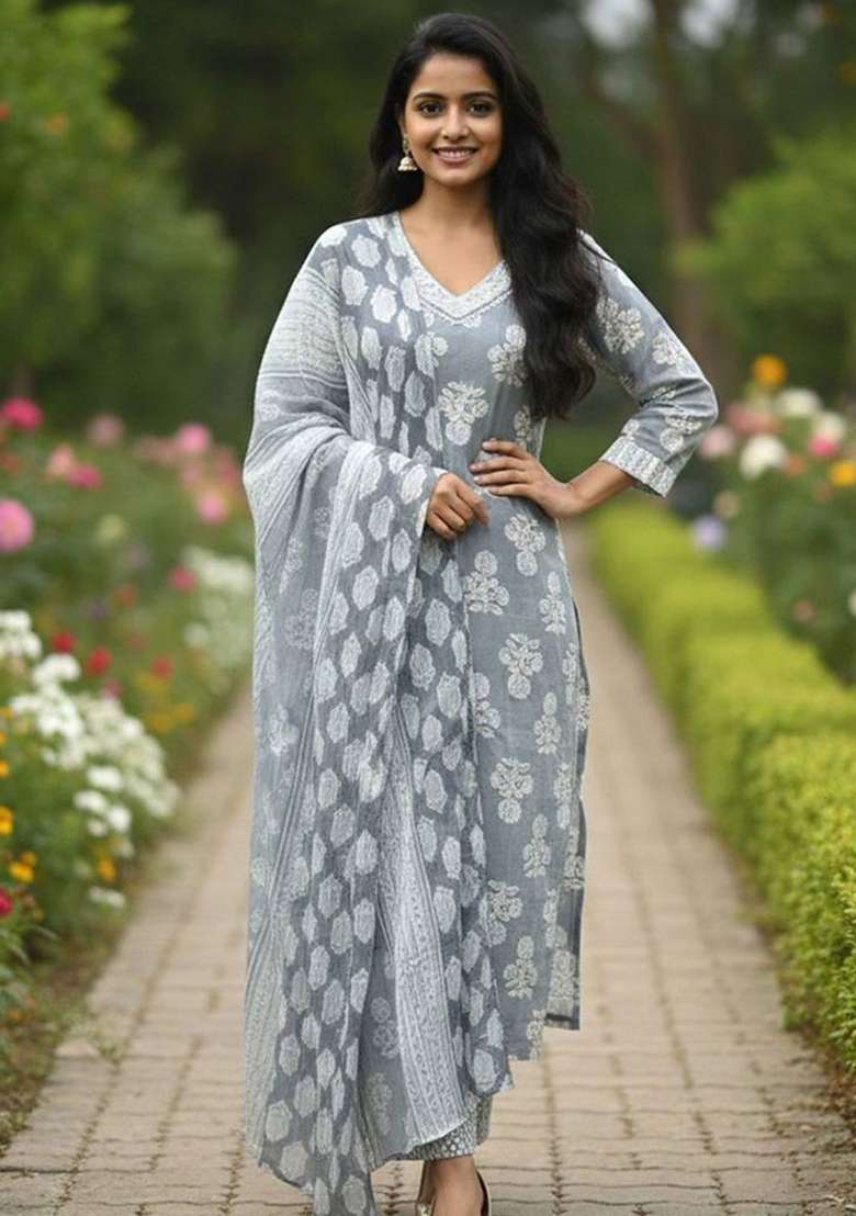 Grey Printed Cotton Kurta Set - Indya