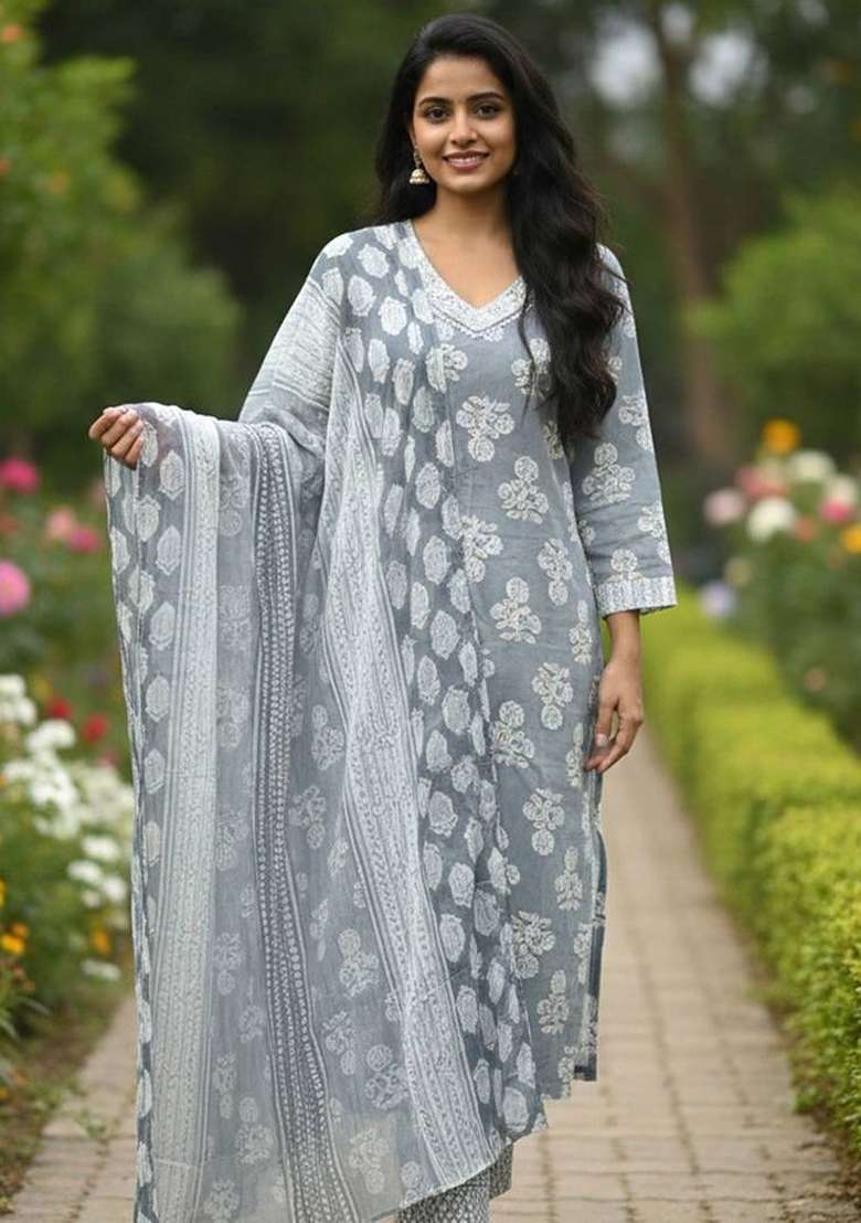 Grey Printed Cotton Kurta Set - Indya