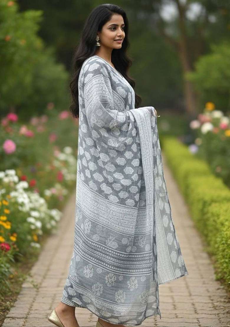 Grey Printed Cotton Kurta Set - Indya