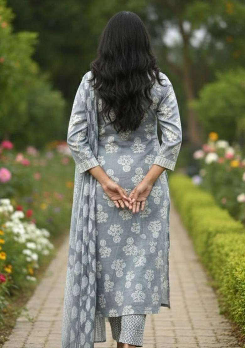 Grey Printed Cotton Kurta Set - Indya