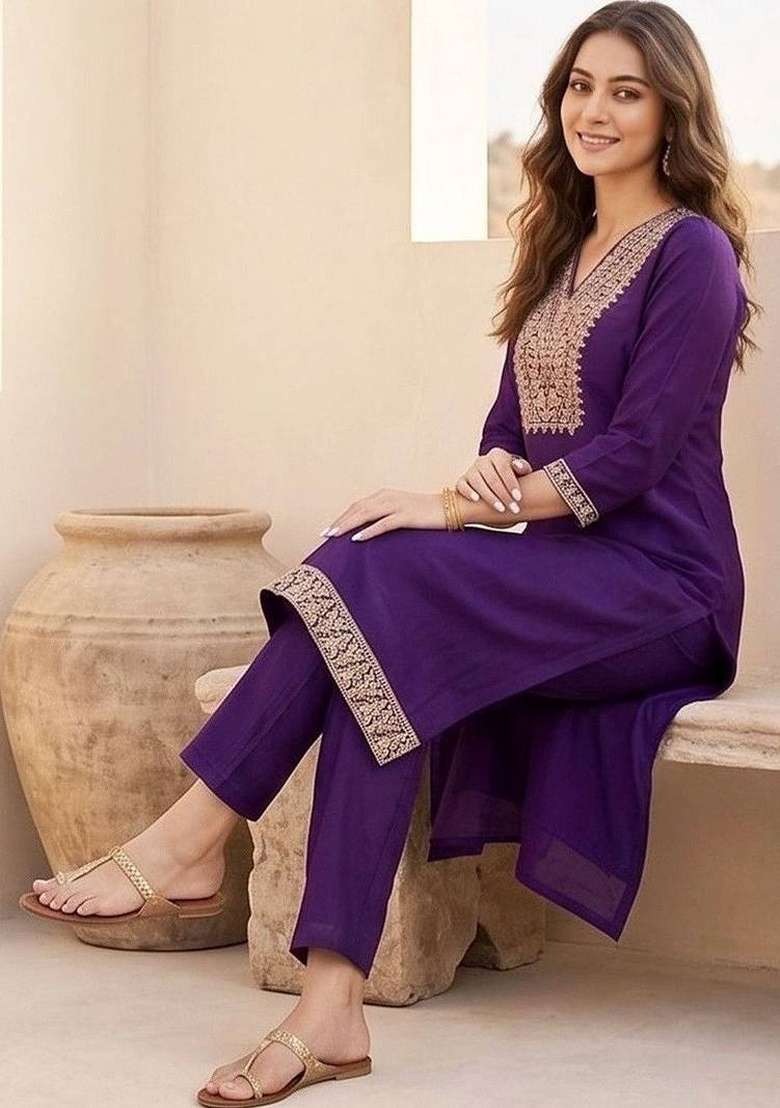 Purple Embroidery Silk Kurta Set - Indya