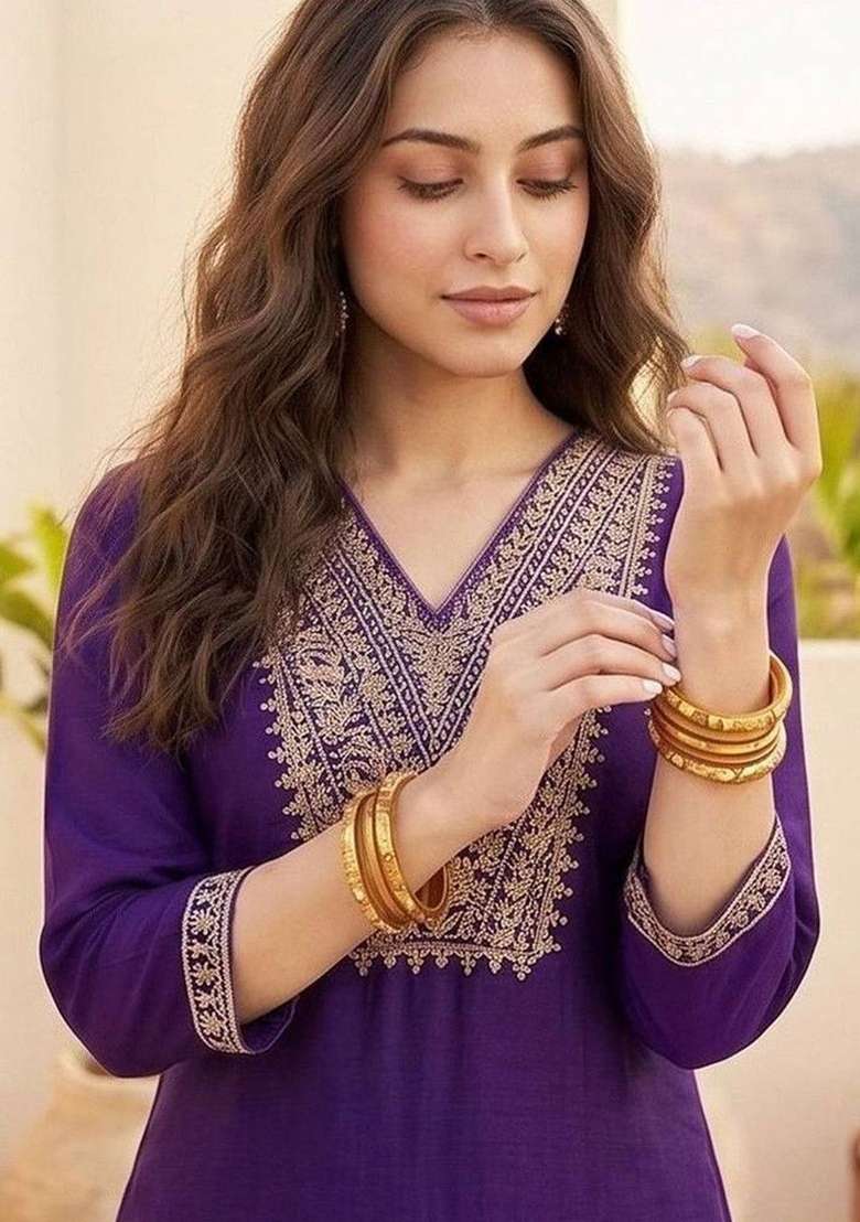 Purple Embroidery Silk Kurta Set - Indya