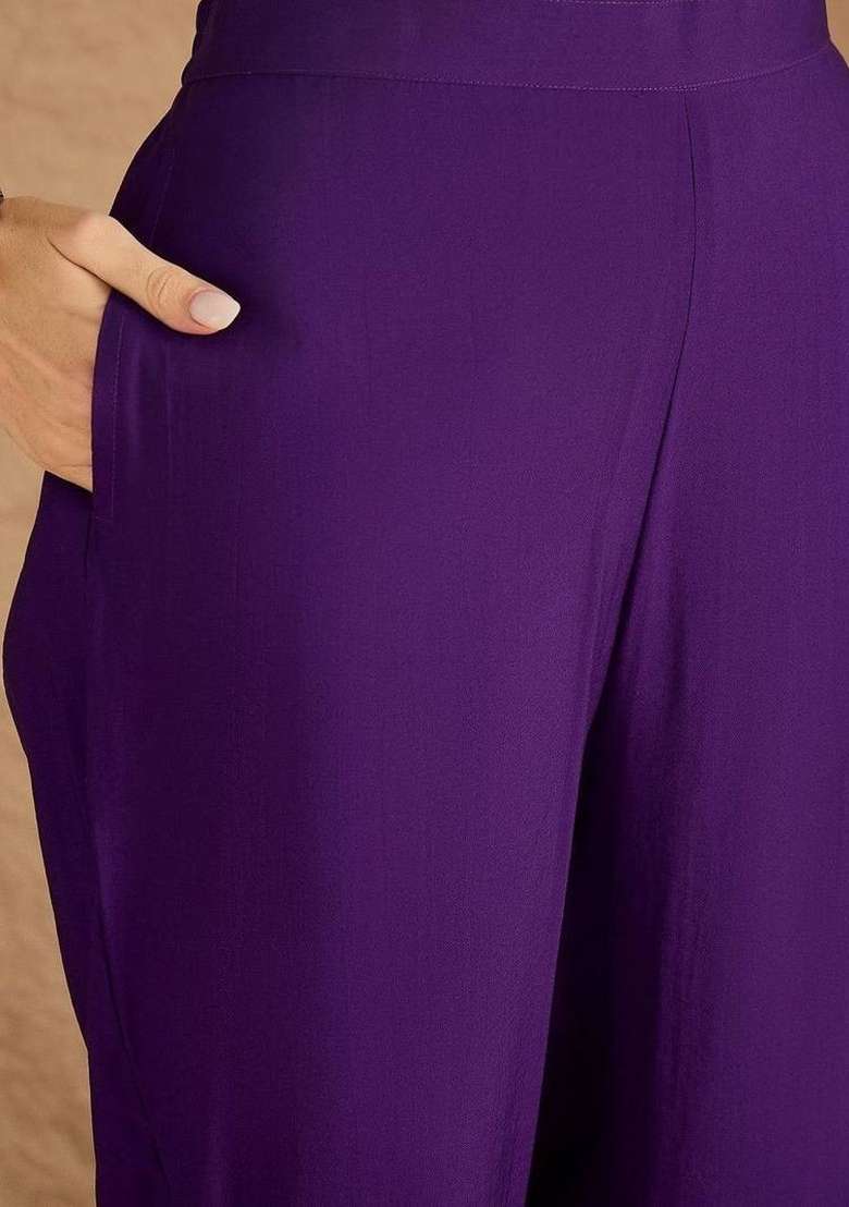 Purple Embroidery Silk Kurta Set - Indya