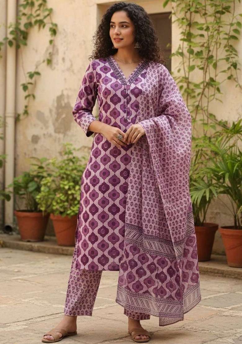 Purple Printed Cotton Kurta Set - Indya